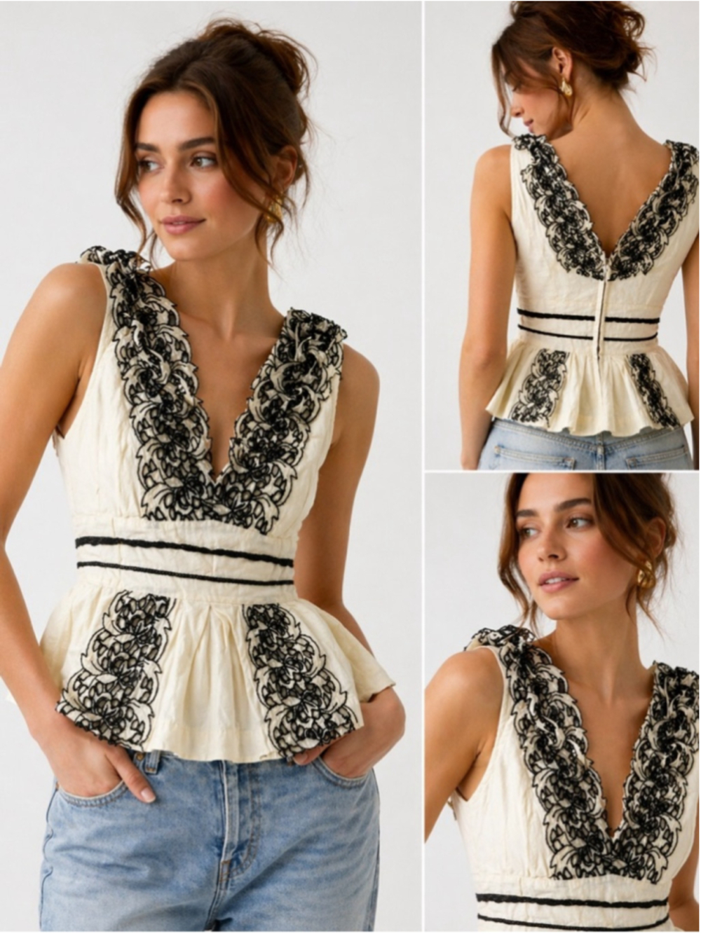 Anthropologie Floreat Embroidered Lace Peplum Top Cream Black Size 0